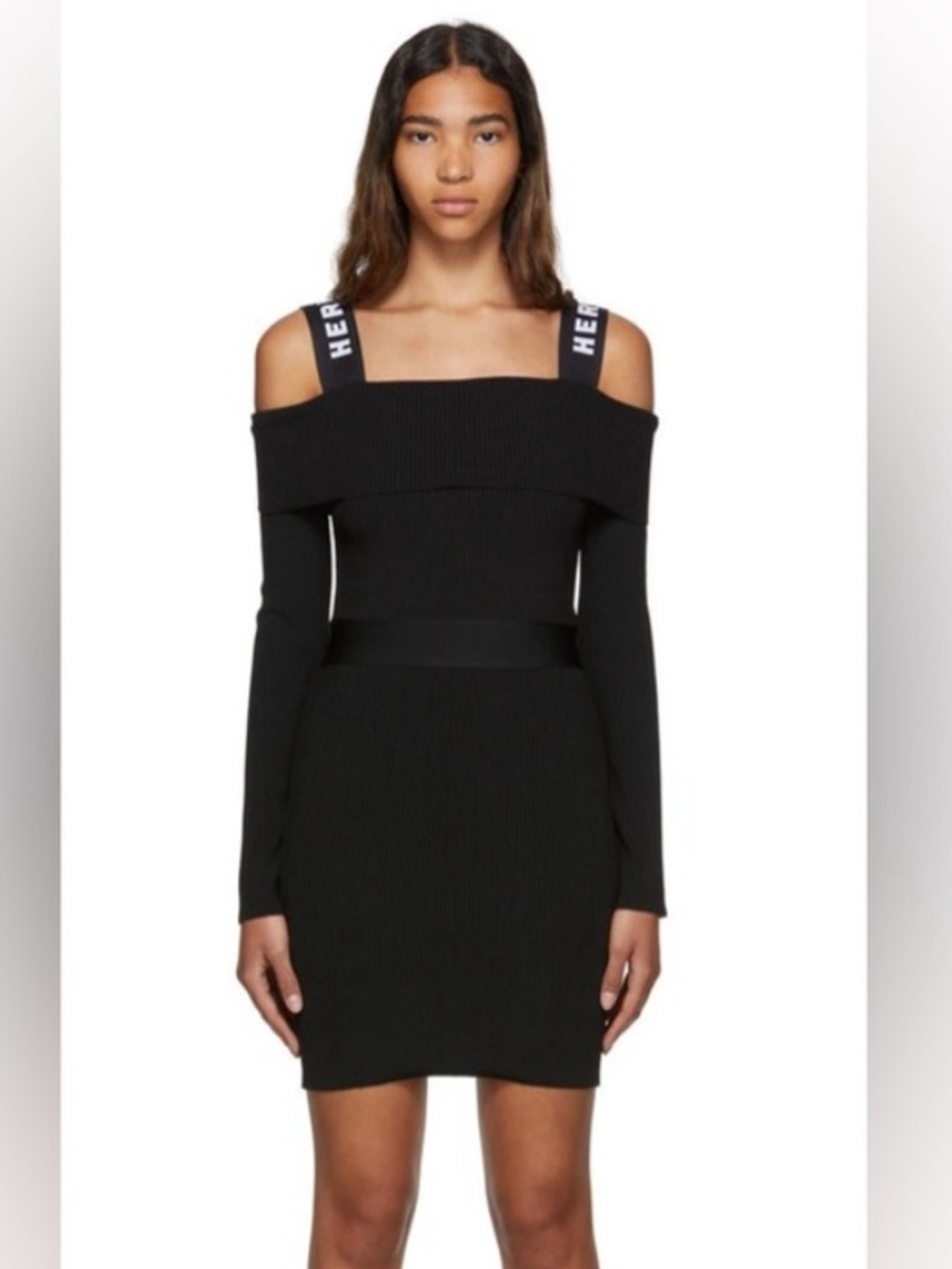 Herve Leger Off-Shoulder Long Sleeve Bandage Mini Dress in Black Size XS